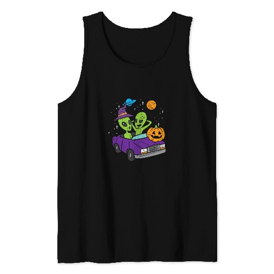 Aliens UFO Halloween Aliens Driving ET UFO Space Costume Men Women Kids Tank Tops
