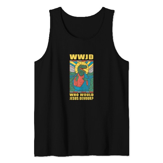 Dinosaur Pet WWJD Who Would Jesus Devour a Jesus Trex Tank Tops