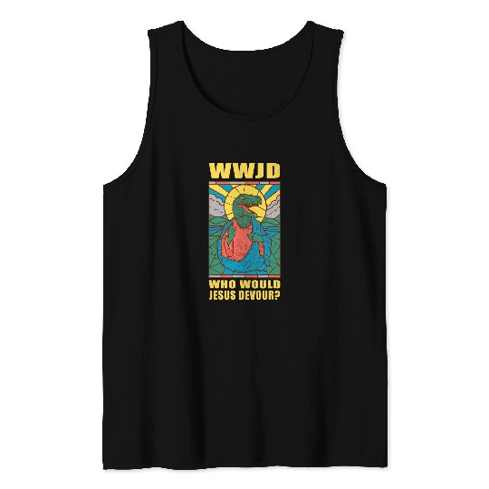 Dinosaur Pet WWJD Who Would Jesus Devour a Jesus Trex Tank Tops