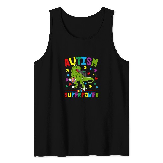 Autism Puzzle Dino Kids Autism is my Superpower Family Dinosaur Tank Tops