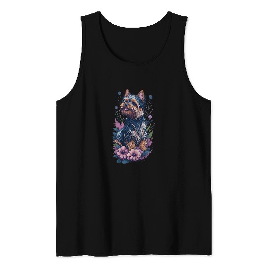 Yorkshire Pet Dog Yorkie Yorkshire Terrier with Flowers Cute Tank Tops