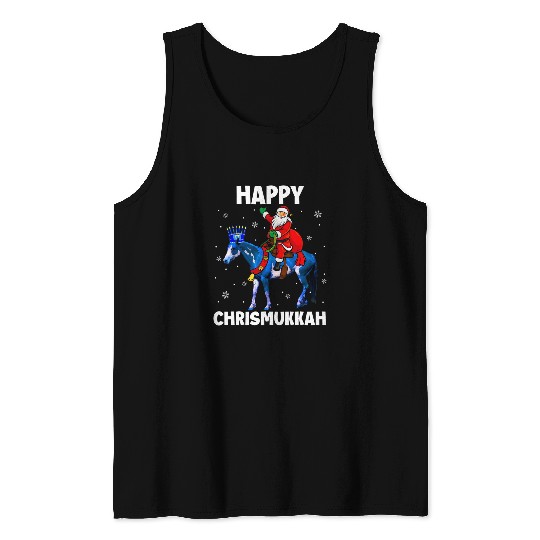 Horse Pet Happy Chrismukkah Hanukkah xmass Santa Riding Horse Menorah Tank Tops