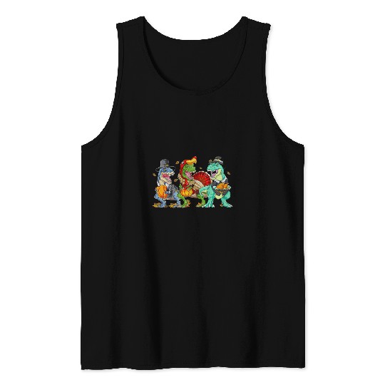 Dinosaur Pet Thanksgiving Dinosaur Trex Pumpkin Turkey Fall Autumn Tank Tops