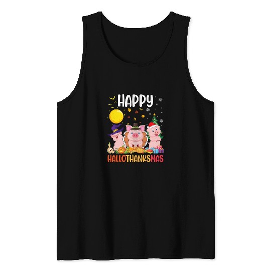 Pig Pet Three Pig Dancing Together Happy Hallothanksmas Day Tank Tops