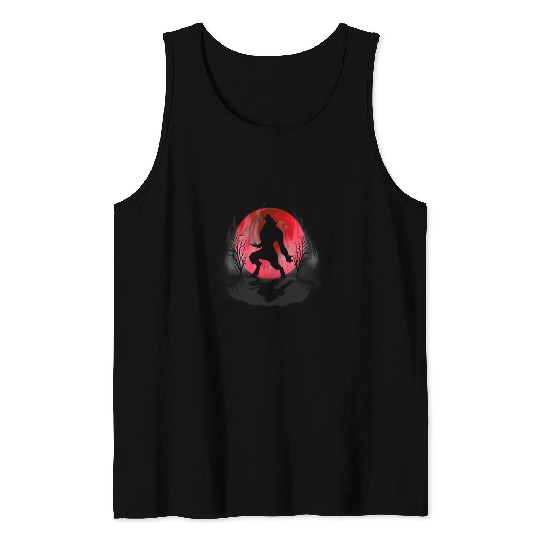 Coyote Mammal Werewolfs Howling Under A Red Blood Full Moon Silhouette Tank Tops