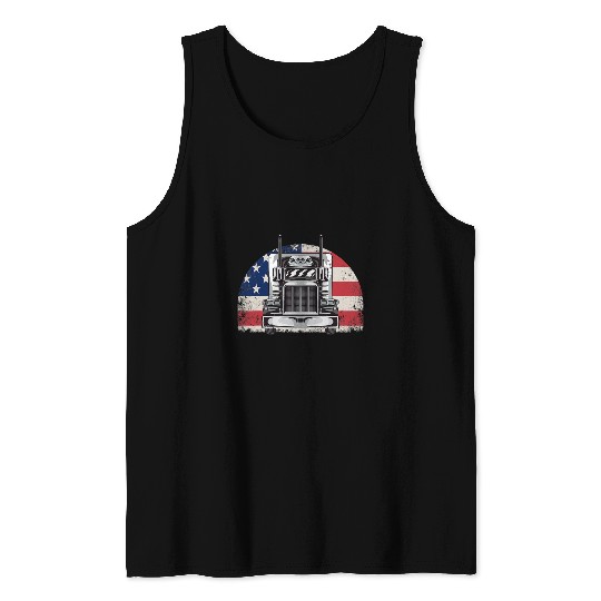 Truck Fun US American Flag Semi Truck Driver 18 Wheeler Trucker Retro Tank Tops