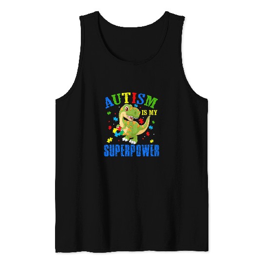 Autism Puzzle Dino TRex Autism Is My Superpower Cool Tank Tops