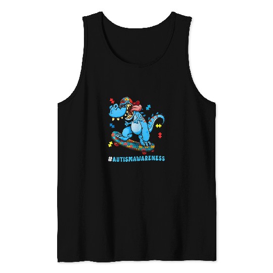 Autism Puzzle Dino Skateboarding Autism Awareness Choose Kindness Kids Tank Tops