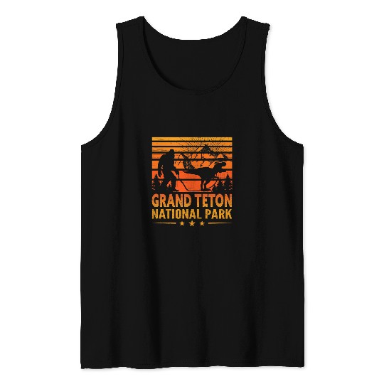 Dinosaur Pet Camping Grand Teton NP Bigfoot Mountain Dinosaur Bigfoot Tank Tops