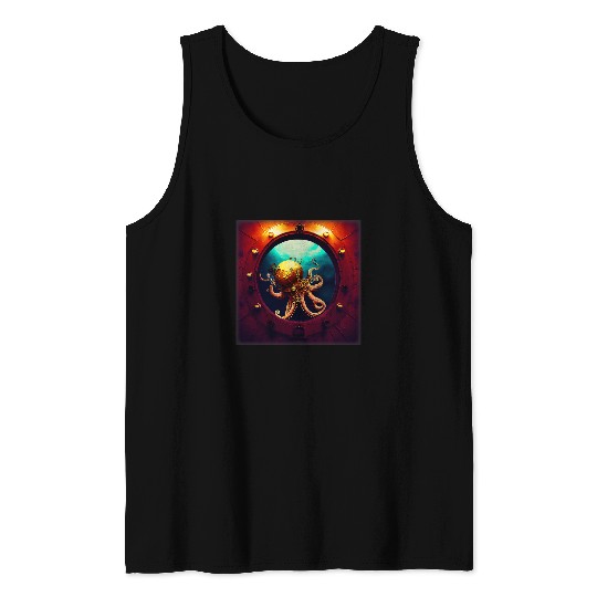 Octopus Pet Arabesque Steampunk Pirate Riding Inside Octopus Submarine Tank Tops