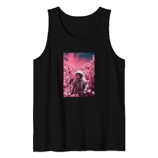 Astronaut Job Standing Under A Pink Flower Field Tank Tops
