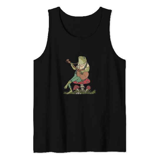 Frog Pet Green Frog Toad Animal Sitting on Mushrooms Playing Music Tank Tops