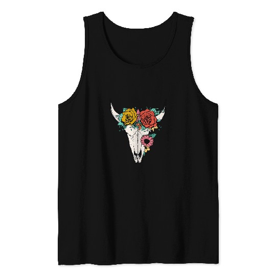 Cow Pet Western Country Boho Girl Mom Cow Bull Skull With Floral Tank Tops