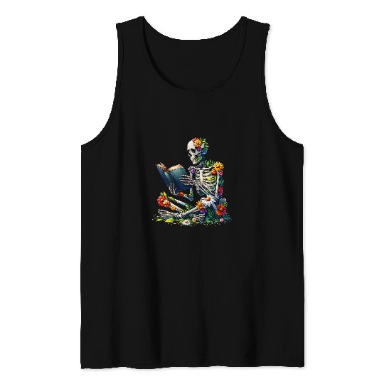 Book Fun Retro Mama Daisy Flower Skeletons Reading Book Skull Mom Tank Tops