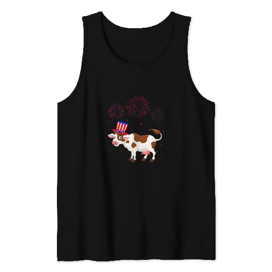 Cow Pet Graphic Red White Blue Fireworks Decor 4th Of July Tank Tops