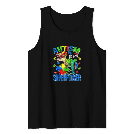 Autism Puzzle Dino T rexs Autism Is My Superpower Autism Awareness Kids Tank Tops