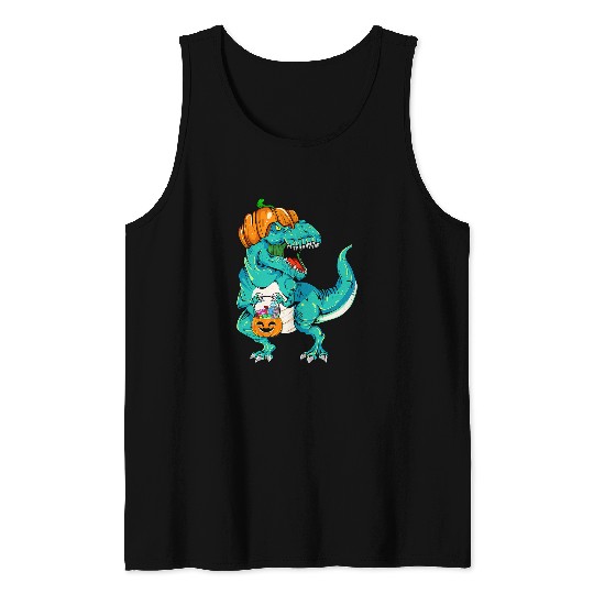 Dinosaur Pet Halloween Scary Dinosaur T rexs Funny Pumpkin Hat Boys Men Tank Tops