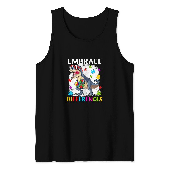 Autism Puzzle Dino Piece Autism Bleached Dinosaur Embrace Differences Tank Tops
