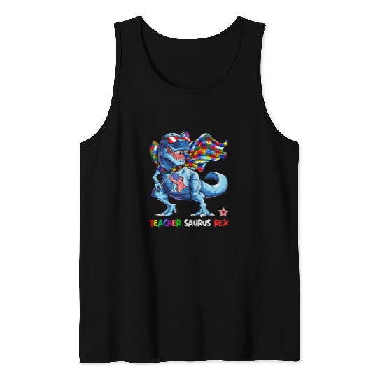 Autism Puzzle Dino teacher sped teacher saurus dinosaur Tank Tops
