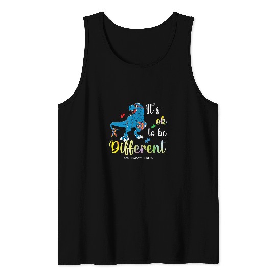 Autism Puzzle Dino TRex Its Ok To Be Different 3 Tank Tops
