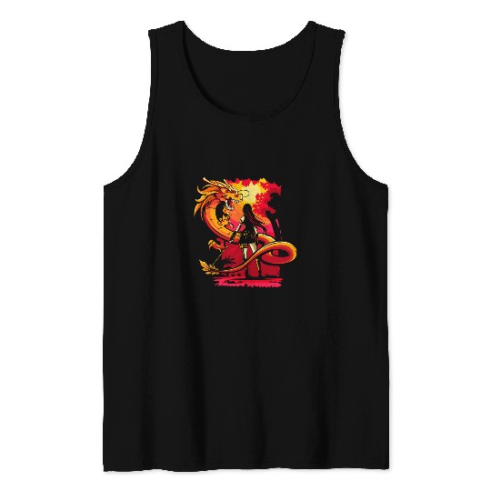 Dragon Pet 2Samurai Girl Warrior with Katana Japan Anime Lover Tank Tops