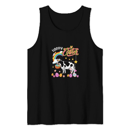 Cow Pet Happy Easter Cow Holding Eggs Basket Chocolate Eggs Hunt Tank Tops