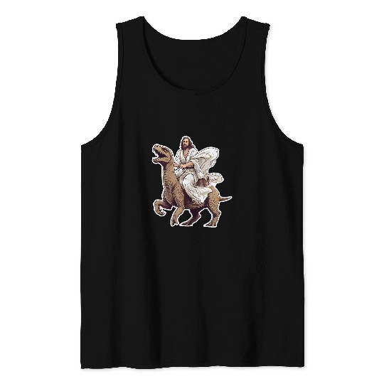 Dinosaur Pet Jesus Riding a Dinosaur Men Women Youth Tank Tops