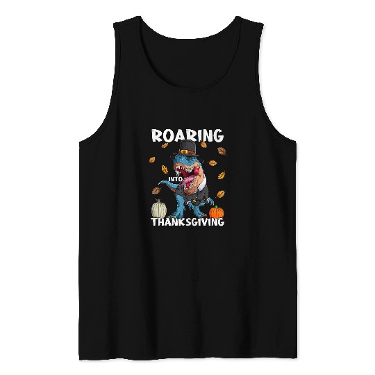 Dinosaur Pet Kids Roading Thanksgiving Dinosaur Fall Leaves Pumpkin Tank Tops