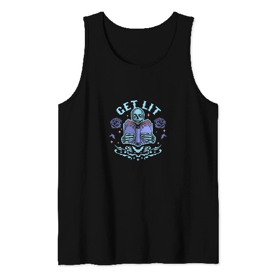Book Fun Get Lit Literature Skeletons Reading Book Library Tank Tops