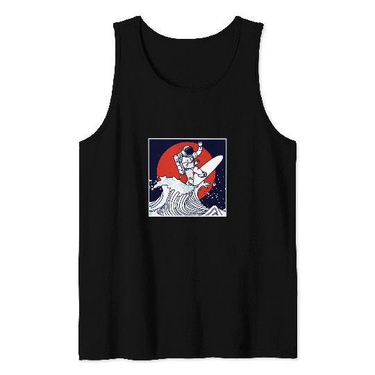 Astronaut Job Surfing Wave Hokusai Japanese Aesthetic Tank Tops