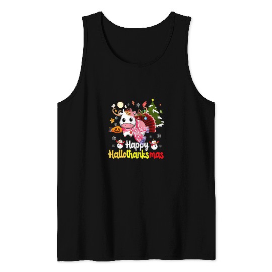 Cow Pet Happy Hallothanksmas Strawberry Cow Thanksgiving Christmas 324 Tank Tops