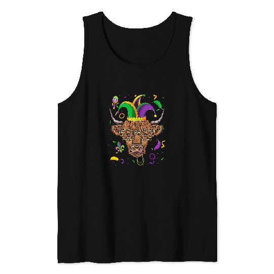 Cow Pet Jester Scottish Highland Cow With Beads Farmers Fat Tuesday Tank Tops