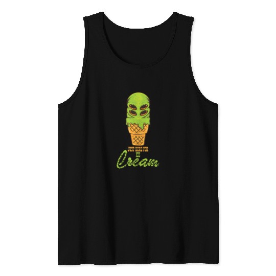 Aliens UFO Just Here For Ice Cream Funny Green UFO Tank Tops