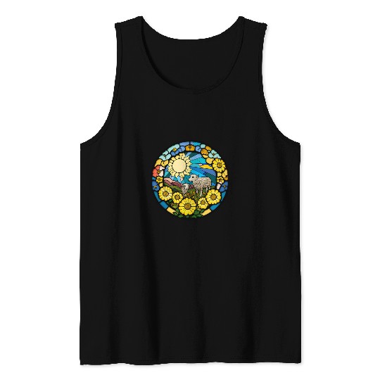 Sheep Pet Stained Glass Sunflowers Sheep Animal Farm Farmer Tank Tops