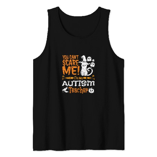 Autism Puzzle Cat Autism Black Cat Halloween You Can not Scare Autism Teacher Tank Tops