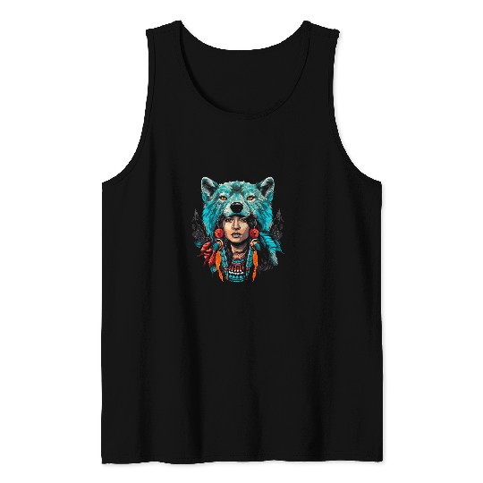 Coyote Mammal Woman wolfs Head Native American Warrior Tradition Tank Tops