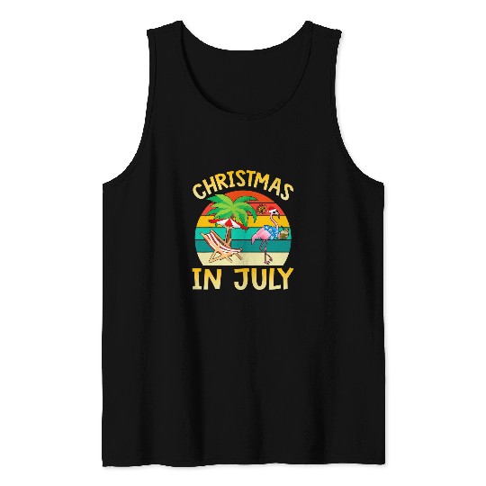 Flamingo Pet Christmas in July Santa Claus Flamingo Beach Vacation Tank Tops