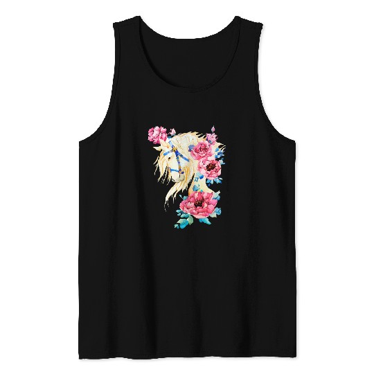 Horse Pet White horse with a mane of pink peony flowers rose Tank Tops