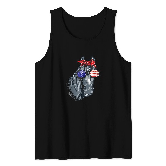 Horse Pet 4th of July  Women Horse Graphic American Flag Tank Tops