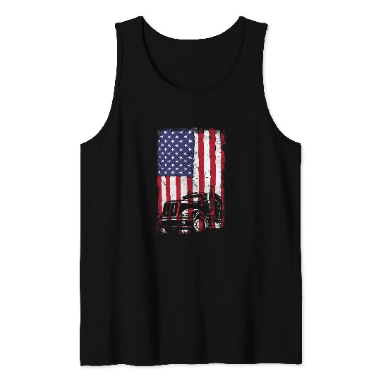 Truck Fun 18 Wheeler Freighter Truck Driver US Flag Tank Tops