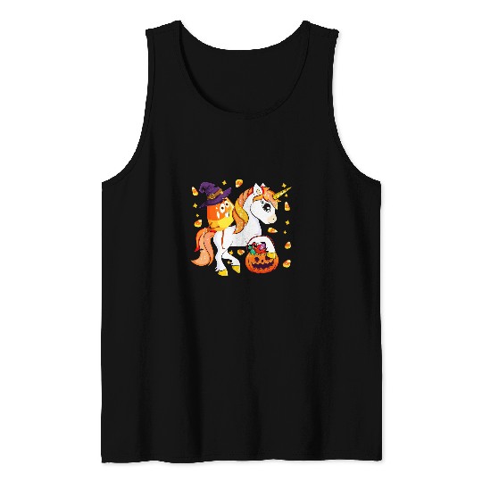 Unicorn Pet Candy Corn As Witch Riding Unicorn Halloween Carved Pumpkin Tank Tops