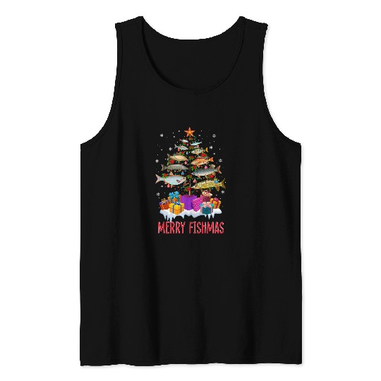 Fishing Fun Merry Fishmas Fish Christmas Tree Funny Christmas Fishing Tank Tops