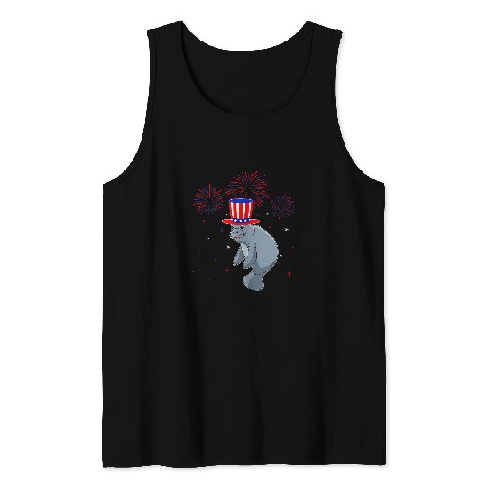 Manatee Pet Graphic Red White Blue Fireworks Decor 4th Of July Tank Tops