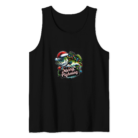 Fishing Fun Merry Fishmas Bass Fish Fishing Fishermen Christmas Tank Tops