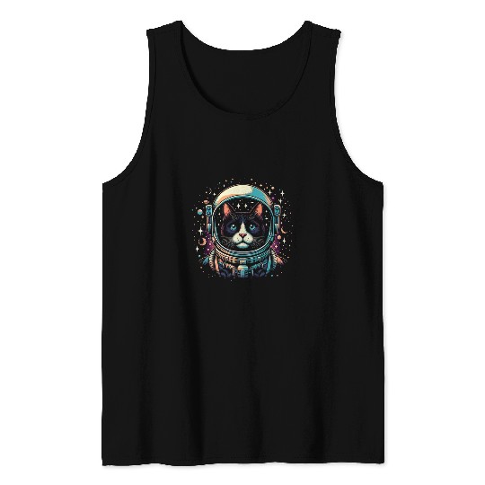 Astronaut Cat or Funny Space Cat on Galaxy Cat Lover Tank Tops