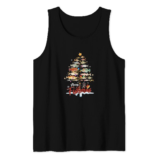 Fishing Fun Merry Fishmas Funny Christmas Tree Lights Fish Fishing Rod 047 Tank Tops