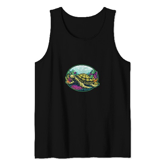 Turtle Pet Underwater Sea Turtle in Coral Reef Statement Graphic Tee Tank Tops