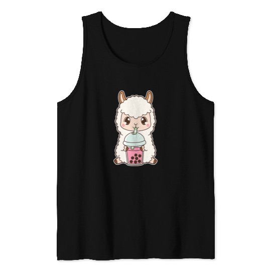 Llama Pet Kawaii Cute Boba Llama Alpaca Strawberry Bubble Milk Tea Tank Tops