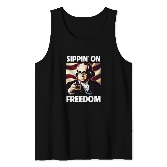 Beer Fun 4th of July Ben Franklin Drinking Beer Sippin On Freedom Tank Tops