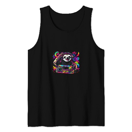 Sloth Pet Gift Boombox Radio Old School Hip Hop Rap cassette Sloth Lazy Tank Tops